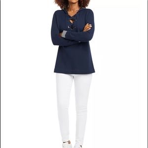 NWT NIC+ZOE Lace Up Tie Front Tunic Hoodie Navy L